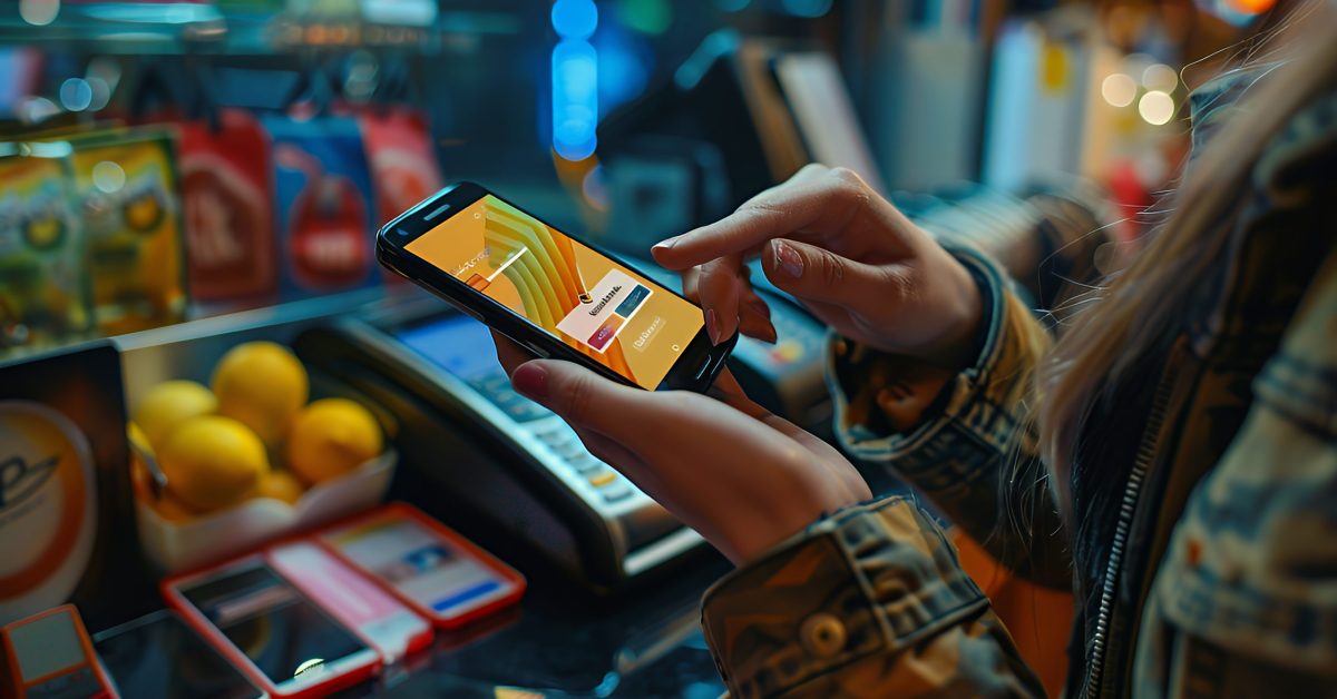 Close-up of a woman’s hand using a smartphone to make a contactless payment at a point of sale terminal. Close-up of a woman's hand using a smartphone to make a contactless payment at a point of sale terminal.