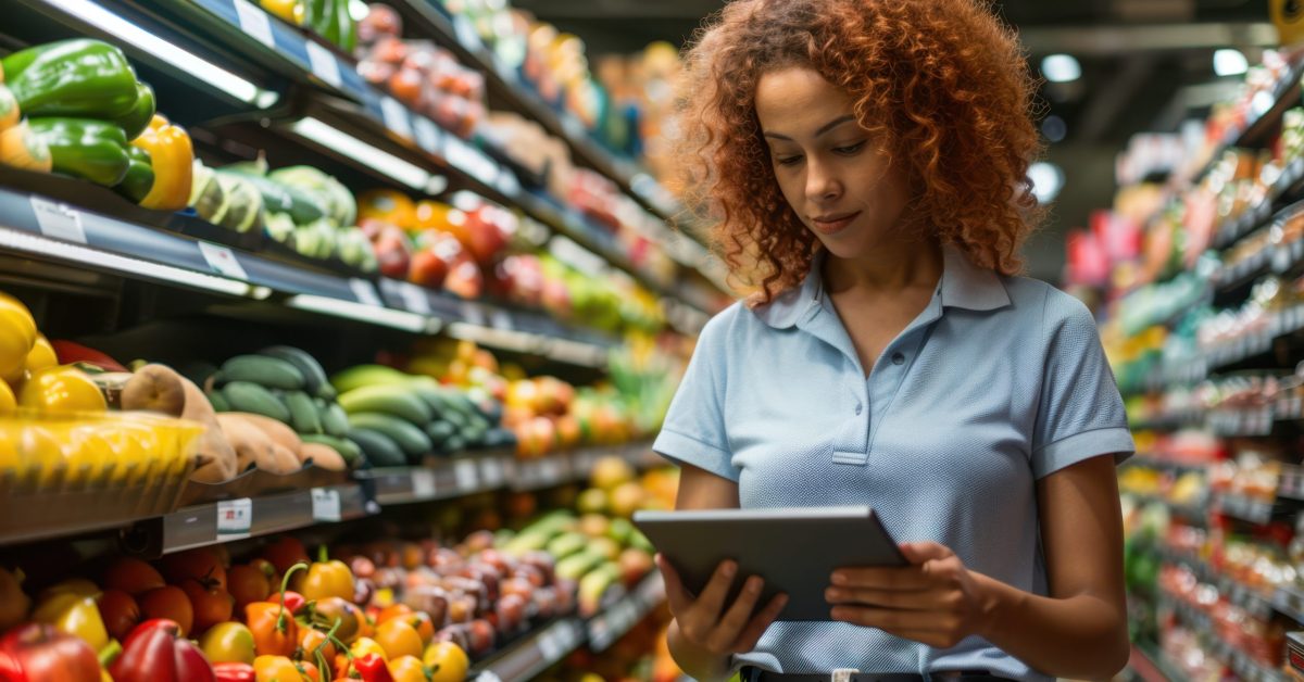 The woman in grocery store Young woman browsing a tablet while standing in a produce aisle at a supermarket.